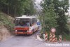 Třemi snímky z 12. 5. 2004 se ještě vracíme do staré Líšně k náročné objížďkové trase linky x55 – autobus evid. č. 7397 čeká na vjezd do úseku řízeného semaforem na pozadí s líšeňským zámečkem (ulice Horákovská), po úzké silničce sjíždí k Ondráčkově ulici vůz evid. č. 7341 a konečně o něco výše projíždí silničkou vůz evid. č. 7376 kolem dopravní značky, jež šalamounsky důsledně upozorňuje, že se tu mohou vyskytovat lichokopytníci (všechny vozy jedou do Mariánského údolí). Foto © Ladislav Kašík. 