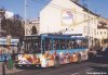 V současnosti se můžeme v Brně svézt jediným trolejbusem s reklamním nátěrem – je jím slatinská rekonstruovaná “čtrnáctka” evid. č. 3221. Na snímku je vůz zachycen v zastávce »Spáčilova« na Olomoucké ulici při jízdě ze Šlapanic – 11. 3. 2002 © Jiří Mrkos.